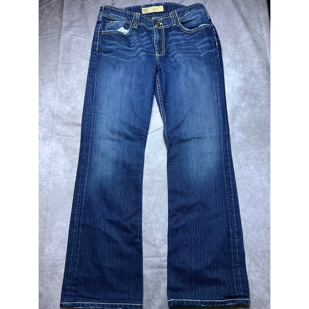 BKE Wendi Bootcut Jeans Womens 31 Blue Heavy Stitch Embroidered Low Rise BKL3802